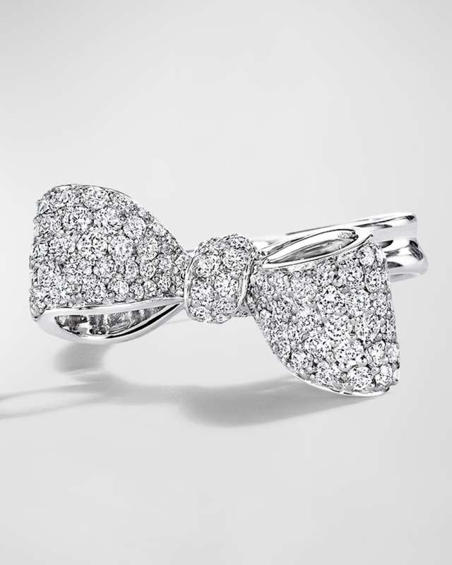 18K White Gold Small Bow Ring with Diamonds, Size 6